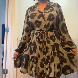Tie-Waist Long Sleeve Shirt Dress in Olive Green and Black Leopard